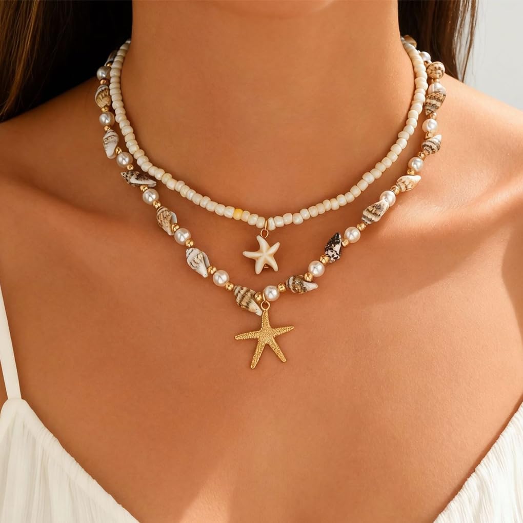 Starfish Conch Layered Necklaces for Women Charm Pearl Beaded Choker Necklace Boho Starfish Fish Pendant Necklaces Trendy Beach Jewlery Accessories (White1)