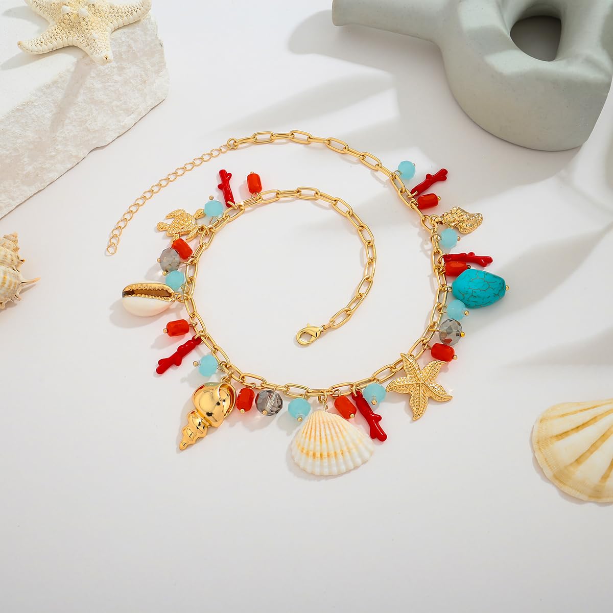 CLASSYZINT Gold Ocean Charm Necklace with Shell Starfish Beads for Women Beach Layered Jewelry