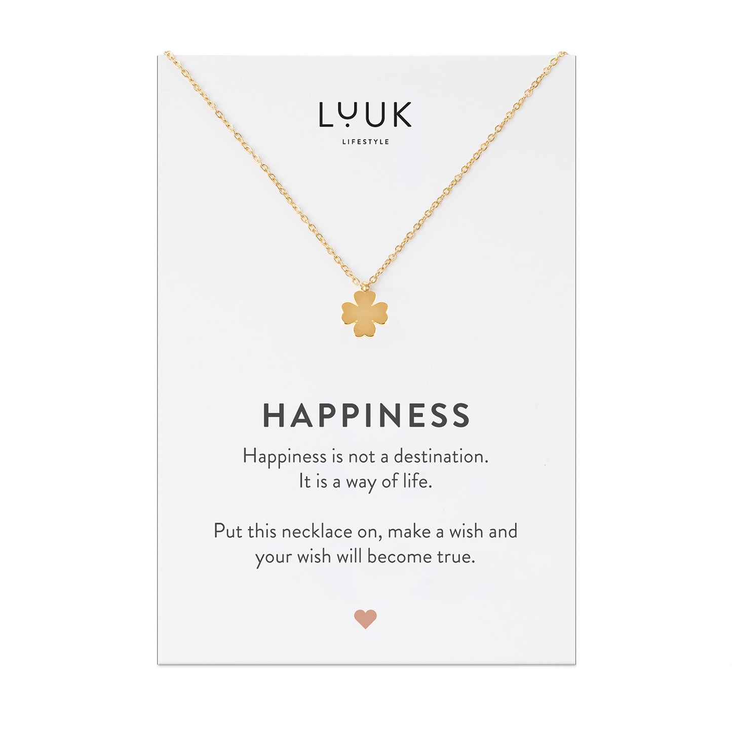 LUUK LIFESTYLE Feminine necklace made of stainless steel with clover pendant and HAPPINESS gift card, fashion jewelry for women and teenagers, 19”, travel lucky charm, trendy accessory for her, gold