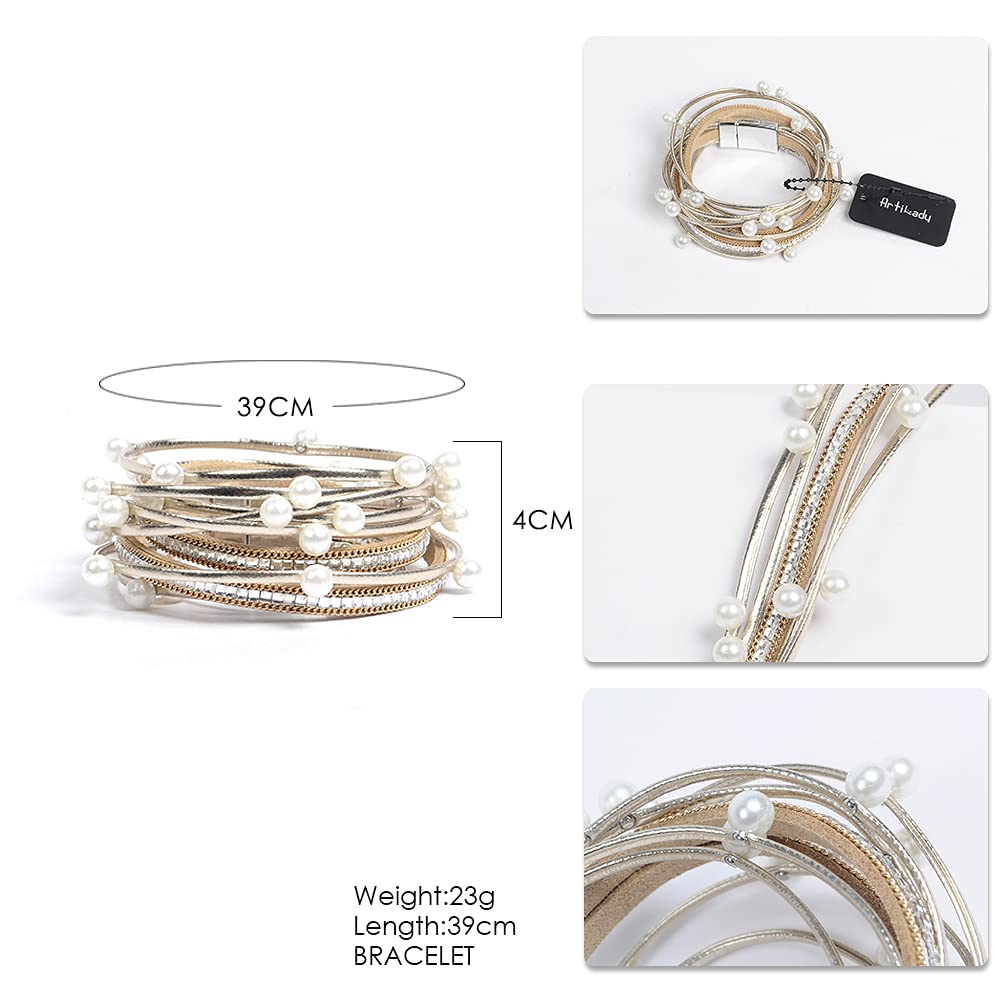 Artilady Leather Wrap Bracelet for Women - Handmade Clasp Bangle Bracelet with Pearl Beads Crystal Wristbands Christmas Jewelry Gift for Ladies and Mother