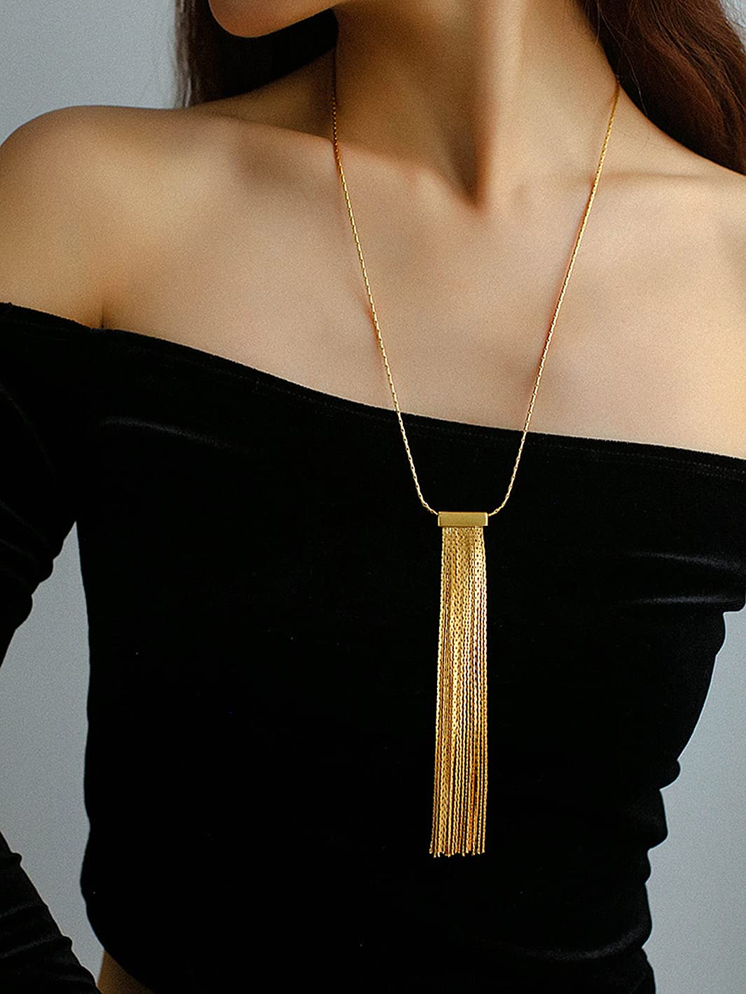 PERNNLA PEARL Statement Tassel Pendant Long Necklaces Dainty Gold Box Chain Necklaces for Women Trendy Y Necklace Boho Charm Jewelry