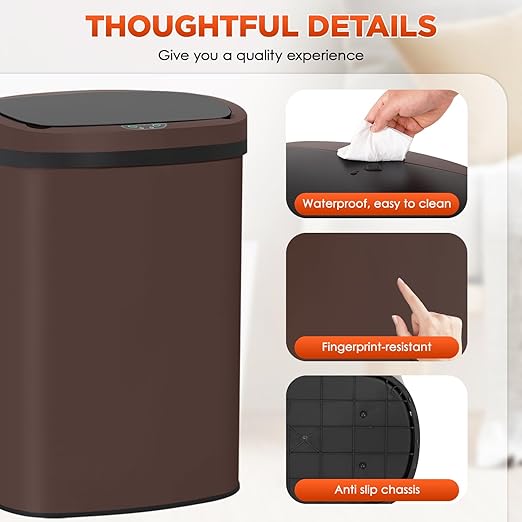PayLessHere | 13 Gallon Stainless Steel Trash Can | Brown | Automatic Touchless Lid with Motion Sensor | Kitchen Garbage Can with Waterproof Design | for Home, Office, Bathroom | Pack of 1