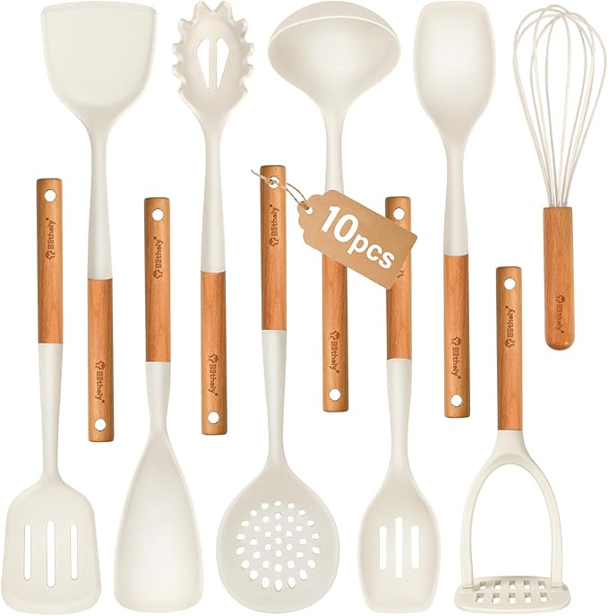 Large Silicone Cooking Utensils Set, 10Pcs Nonstick Kitchen Utensil Set with Wooden Handle, Heat Resistant Silicone Utensils for Cooking, BPA Free Spatula Set with Turners Spoon Ladle Skimmer(White)