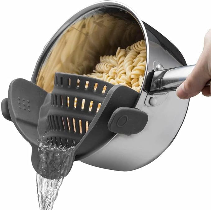 Silicone Pot Strainer, Emptycolor Adjustable Clip On Strainer for Pots Pans, Heat Resistant Pot Drainer, Kitchen Pasta Colander for Vegetables and Noodles (Grey)
