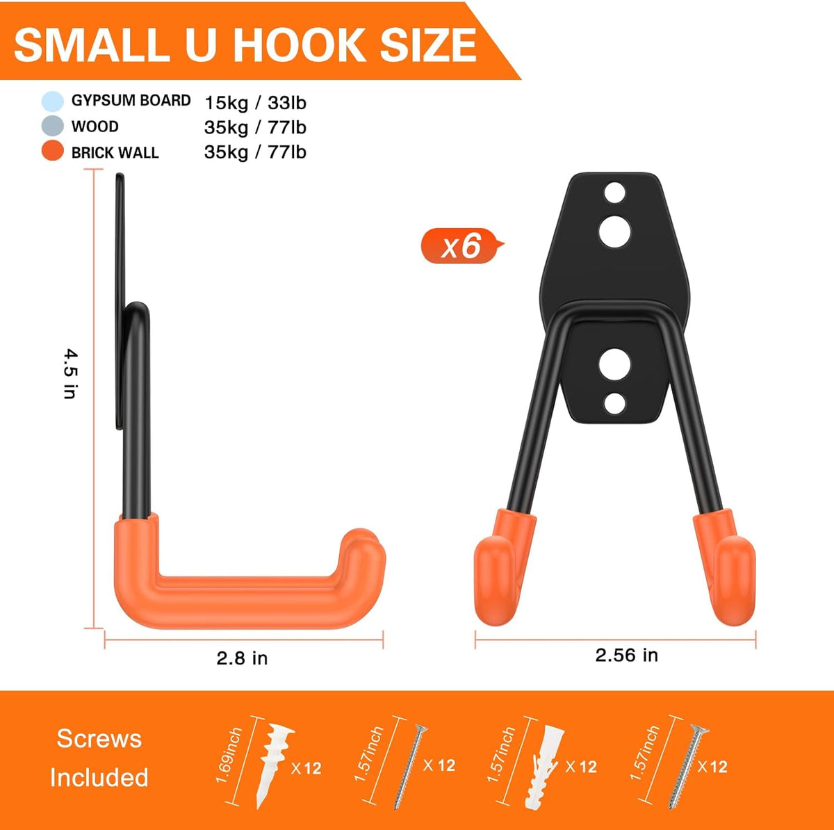 Heavy Duty Garage Hooks 6 Pack, 2.8 inch Small U Shaped Hanger, Wall Mounted Storage System, Power and Garden Tool Organizer, for Hanging Ladders, Hose, Bulk Items and More