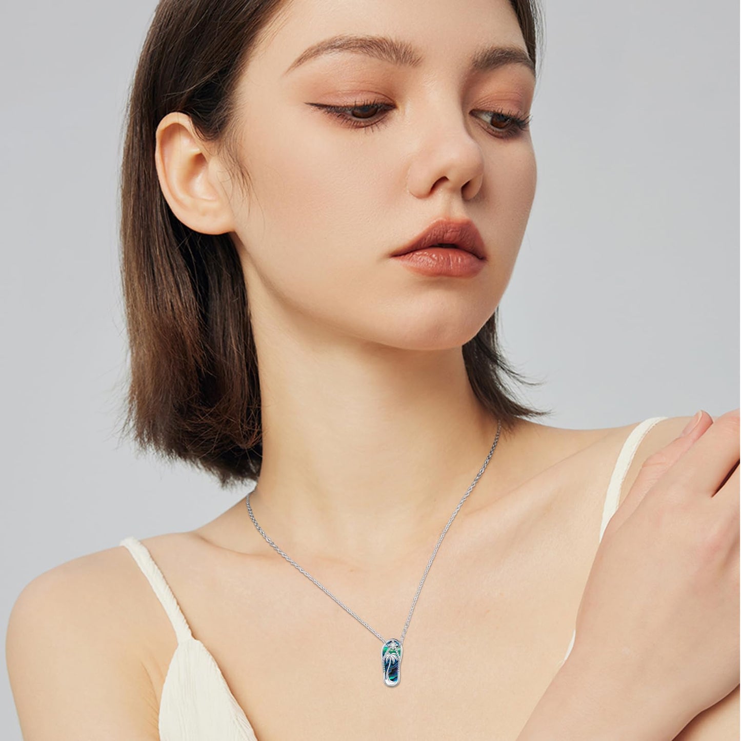 Midir&Etain Summer Necklace 925 Sterling Silver Palm Tree Pendant Beach Abalone Necklace Flip-Flop Jewelry for Women
