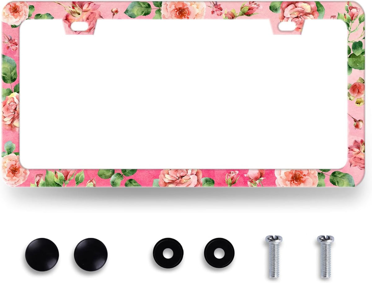 Watercolor Roses License Plate Frame Pink Floral Flower License Plate Holder for Women Car Decorative Stainless Steel Colorful License Plate Flowers Auto Parts with Screws 12.2" x 6.2"