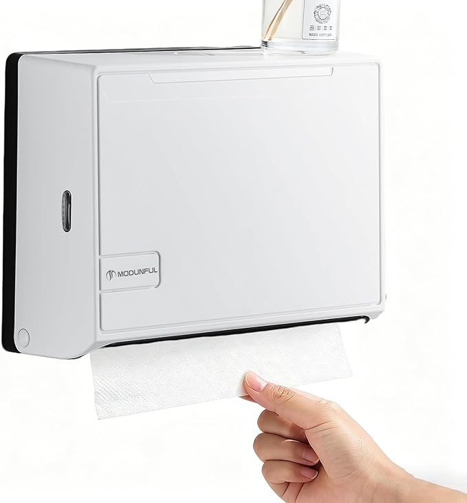 Paper Towel Dispenser for Home Bathroom: Modunful White ABS Multifold Paper Holder with Viewing Window & No-Drill Installation