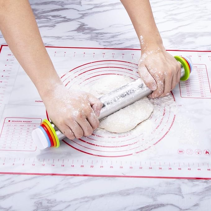 Rolling Pin and Pastry Baking Mat Set, Rolling Pins with Adjustable Thickness Rings, Stainless Steel Dough Roller for Baking Fondant, Pizza, Pie, Pastry, Pasta, Cookies (Red Mat)
