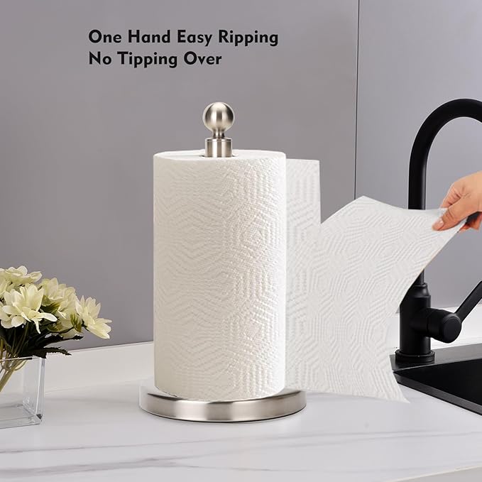 Kalitro Paper Towel Holder Countertop, Standing Paper Towel Roll Holder for Kitchen Bathroom, with Weighted Base for One-Handed Operation (Stainless Steel Base, Brushed Nickel)