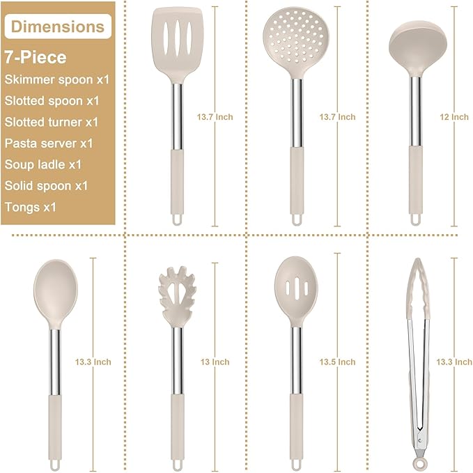 E-far Silicone Cooking Utensils Set, 7 Pcs Heat Resistant Kitchen Utensils with Stainless Steel Handle, Slotted Turner, Spoon, Soup Ladle, Pasta Server, Skimmer, Tongs for Nonstick Cookware, Khaki