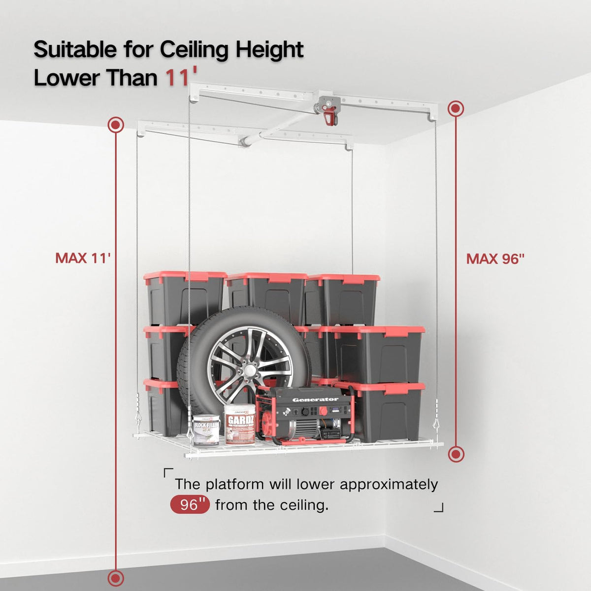 Overhead Garage Storage Rack, Adjustable Heavy-duty 4x4 Ft Ceiling Storage Racks with Safety Lock, Ideal for Garage Storage Lifting Organization System, 250lbs Capacity, White