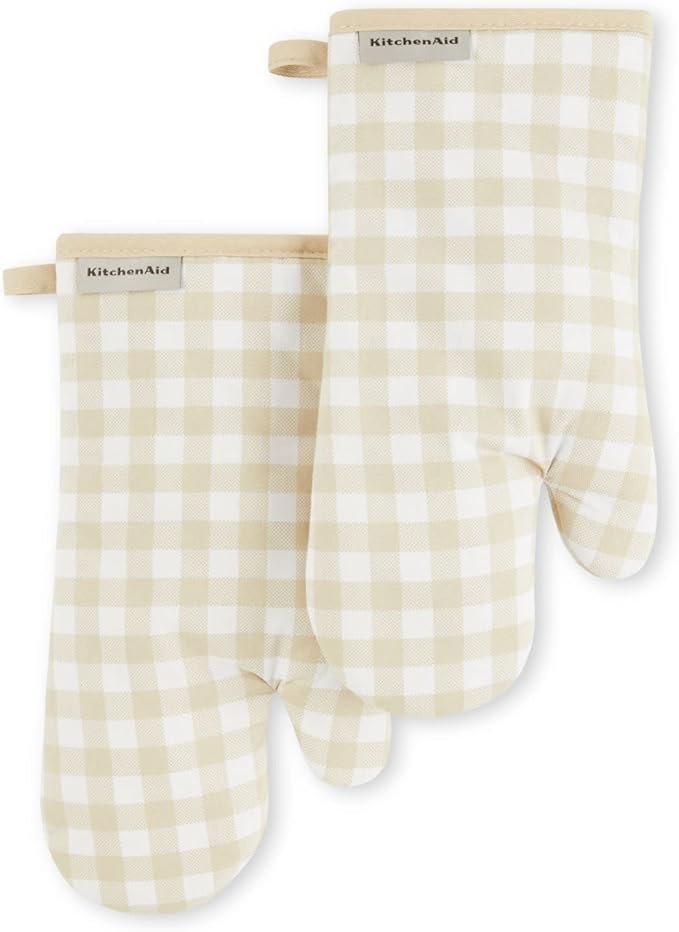 KitchenAid Gingham Oven Mitt 2-Pack Set, Milkshake, 7"x13"