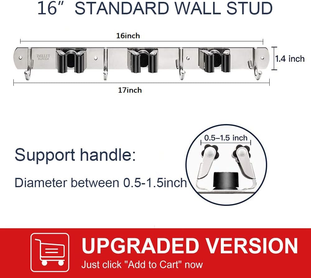 IMILLET 2 Pack Broom and Mop Holder Wall Mounted, Stainless Steel Broom Holder Mop Holder Self Adhesive Heavy Duty Hooks Storage Organizer for Home Laundry Room Garden Garage Closet Kitchen