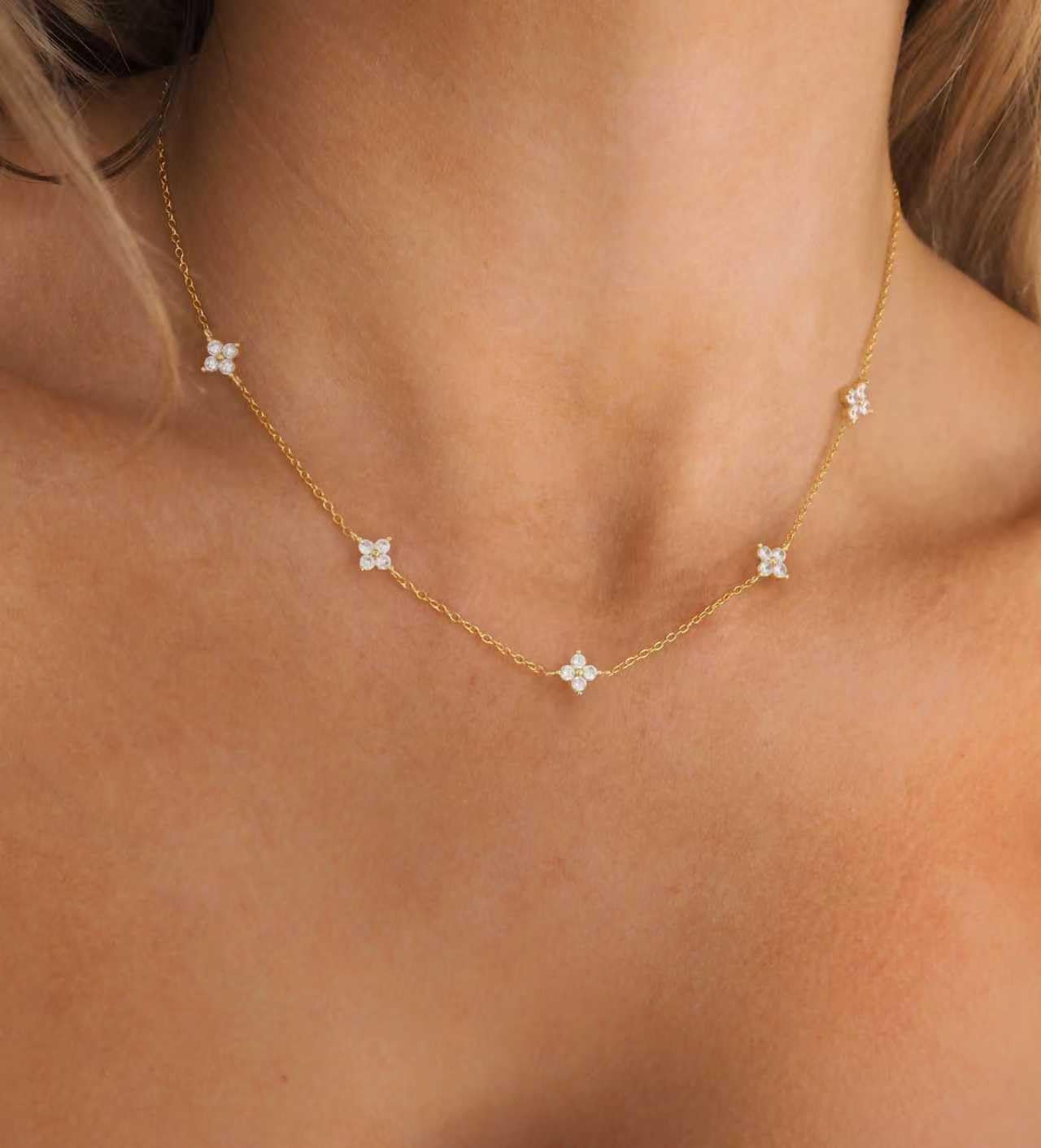 CUEZIY Dainty 14K Gold Plated Necklaces for Women Station Choker Cubic Zirconia Simulated Necklace Simple Cute Layering CZ Necklace Trendy Simple Jewelry Gifts