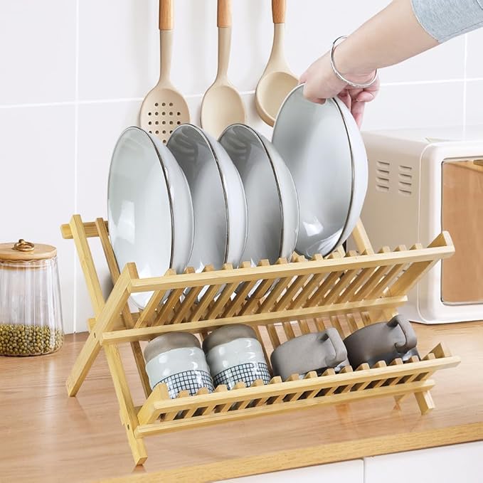 KKTONER Bamboo Dish Drying Rack 2 Tier Foldable Plate Organizer Collapsible Plate Organizer Holder for Kitchen Countertop (Natural)