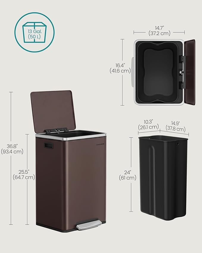 SONGMICS Trash Can, 13-Gallon Gabbage Can, with 15 Trash Bags, Stainless Steel, with Soft-Close Lid, Removable Inner Bucket, Handles, Red Brown ULTB595MZ01
