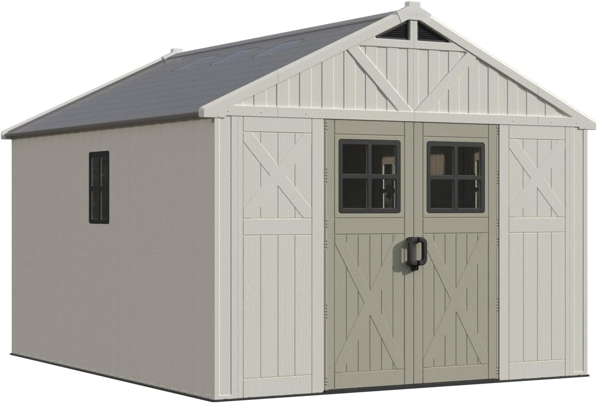 Patiowell 10x12 FT Outdoor Storage Shed with Floor and Lockable Door, All Weather Plastic Shed Garden Shed with Skylight and Multiple Windows for Backyard, Patio, Lawn, Beige