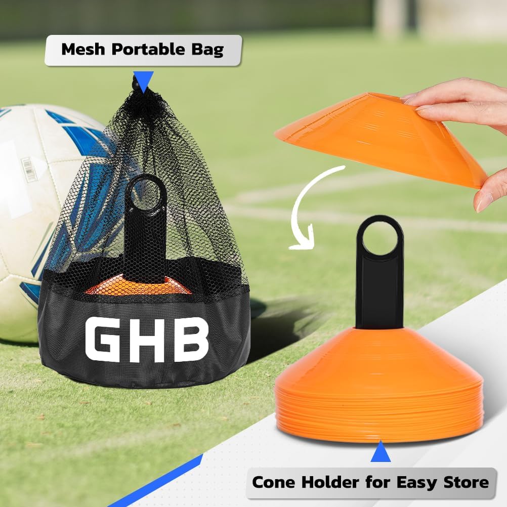 GHB Soccer Cones 25/50/100 Pack Disc Soccer Sport Cones Training Field Marker Agility Cones for Traffic, Basketball, Coaching, Practice Equipment Includes Cone Drills Guide