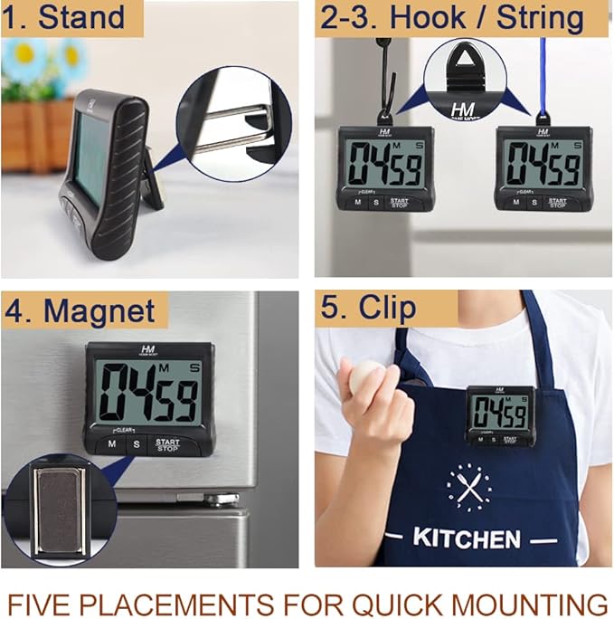2-Pack Large Display Kitchen Timer - 3" Digital Timer Magnetic Back Loud Alarm - Black Cooking Timers for Kitchen Teachers Students Games Meetings - Sports Timers for Workouts Exercise