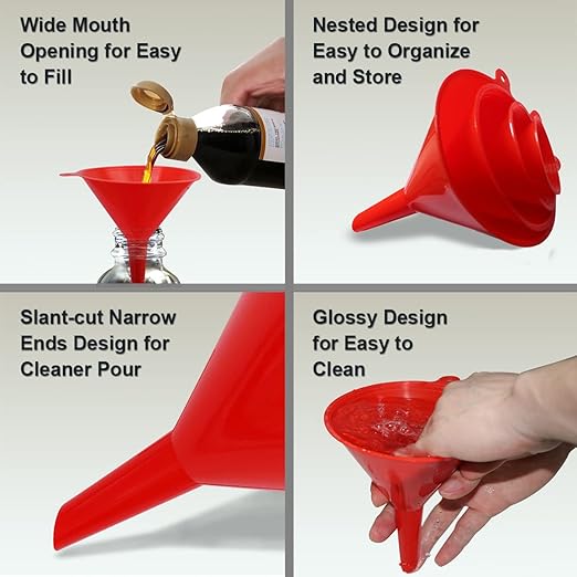 Kitchen Funnel Set 6 Pcs, 2 Collapsible Silicone Funnels for Filling Bottles, Canning，4 Plastic Kitchen Gadgets for Automotive Car Oil Change，Different Sizes Funnels for Kitchen RV Lab