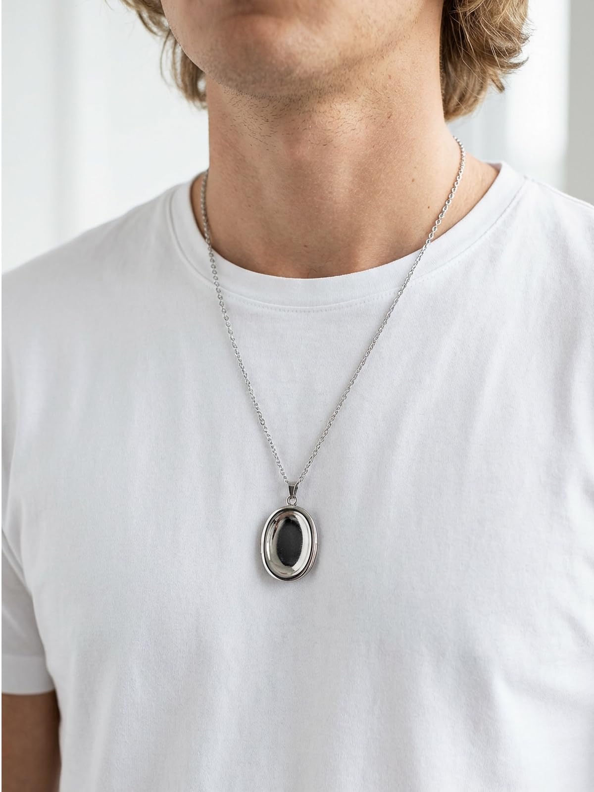 BOPREINA Stainless Steel Worry Stone Necklace for Women Anxiety Relief Fidget Jewelry Sliver Oval Peaceful Thumb Pendant Necklace Meditation Relaxation Stress Relief Pendant 15x23mm