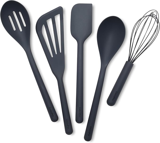 GreenPan Silicone 5 Piece Cooking Utensil Set, Slotted & Solid Spoon, Turner, Spatula, Whisk, Flexible Nonstick Kitchen Tools, Steel Core, Heat-Resistant Anti-Slip Handle BPA-Free Dishwasher Safe Gray