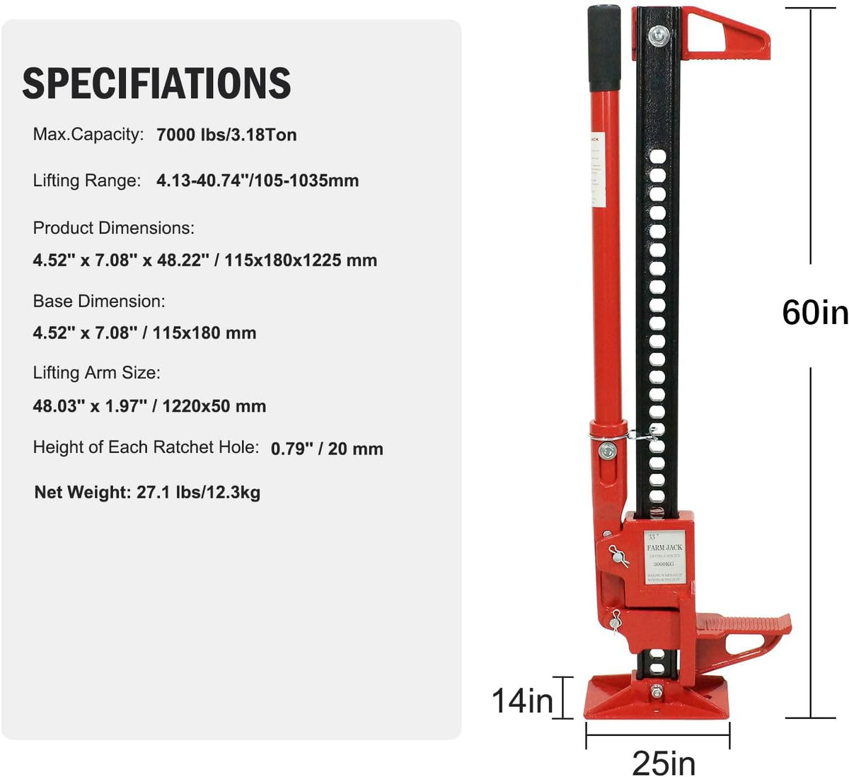 Multi-Functional Lift Jack, Farm Jack Heavy Duty Off Road, for Tractor, Truck, SUV, ATV, UTV, Off Road Accessories, Durable 3 Ton with Wide Base & Ratcheting Mechanism