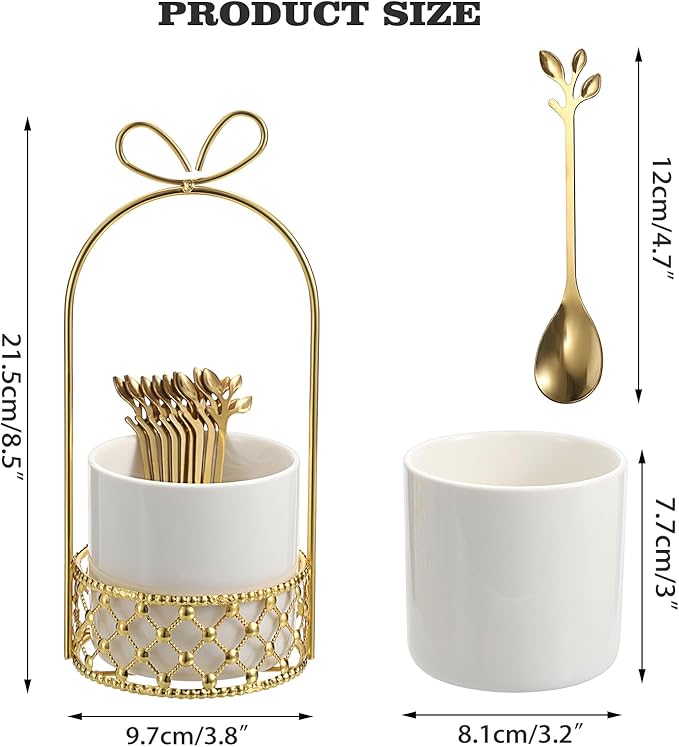 ELLDOO Coffee Spoon Set, White Ceramic Holder with 8 Stainless Steel Gold Leaf Coffee Spoons, Creative Flatware Set for Stirring, Mixing, Sugar, Ice Cream, Cake (8 x Spoons)