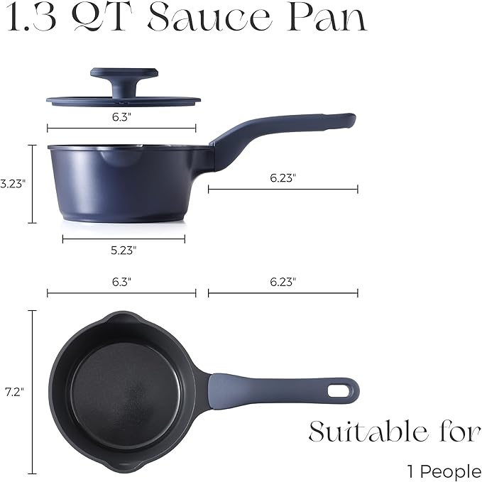 PRICUSIS Ceramic Nonstick Saucepan with Lid, 1.3 Quart Non Toxic Pot with Pour Spouts, Full Coated, 100% Dishwasher Safe, Induction Compatible & Oven Safe, PTFE PFAS & PFOA Free, Blue