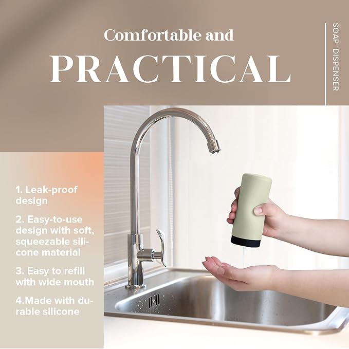 ElmRidge Dish Soap Silicone Dispenser for Kitchen Sink,Squeeze Washing Up Liquid and Hand Soap,Round refillable Silicone Bottles,Easy to Fill and to use,8.5oz,Black 2.4x2.4x5.5inch (Light Green)