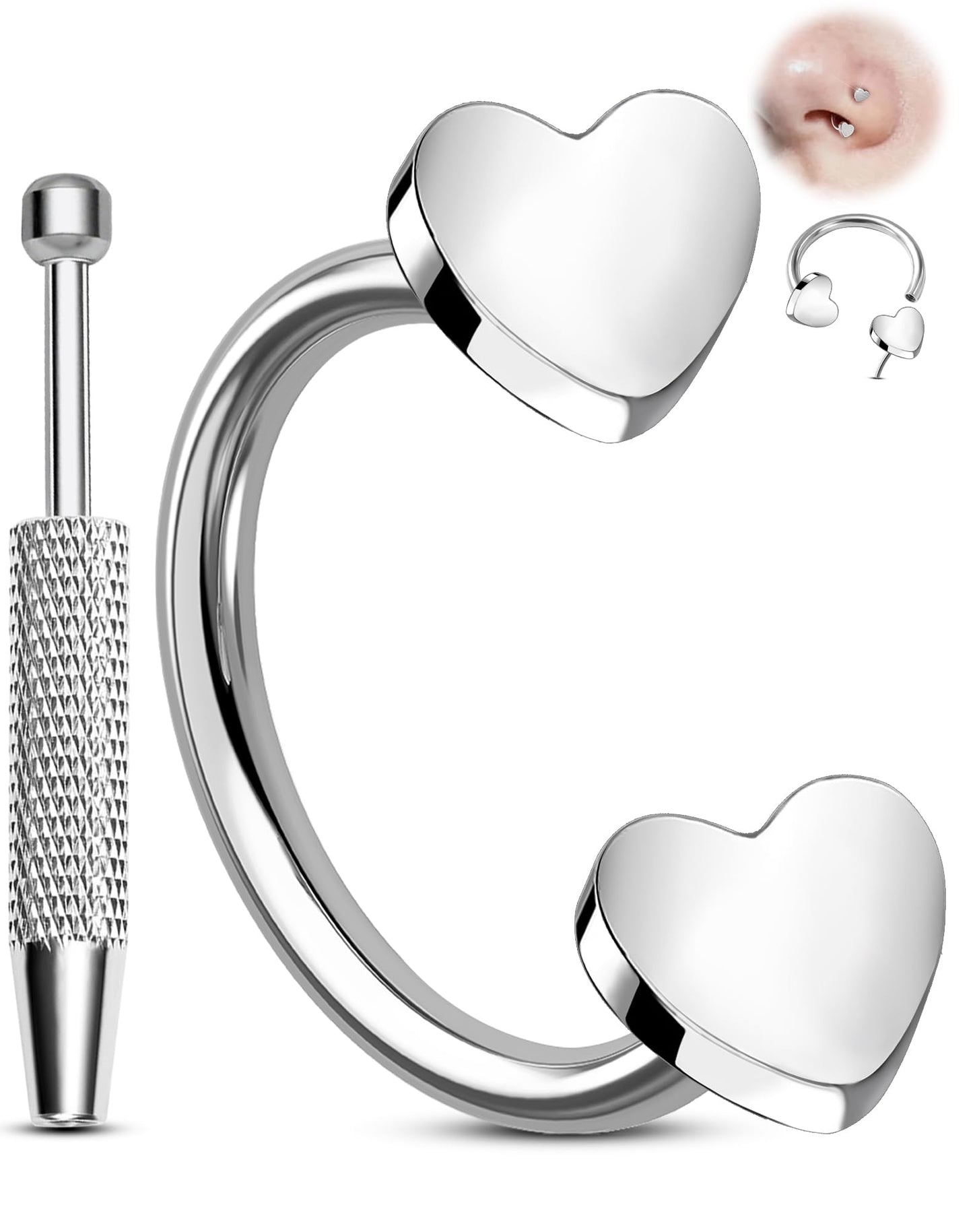 Melighting 20G Horseshoe Nose Rings Hoop, Threadless Nose Piercing with Piercing Taper Ball Grabber Tool 316L Stainless Steel, Heart Septum Lip Helix Rook Piercing Jewelry for Women 7 mm