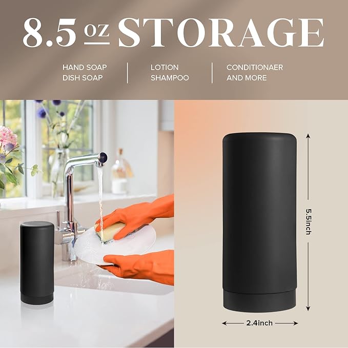 ElmRidge Dish Soap Silicone Dispenser for Kitchen Sink,Squeeze Washing Up Liquid and Hand Soap,Round refillable Silicone Bottles,Easy to Fill and to use, 8.5 oz,Black 2.4 x 2.4 x 5.5 inches (Black)