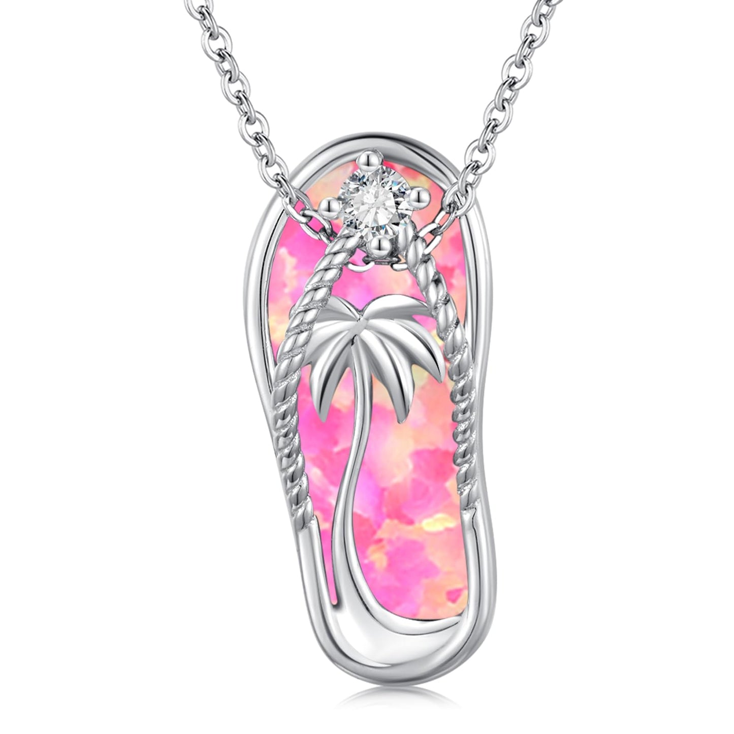Midir&Etain Flip Flop Necklace 925 Sterling Silver Beach Palm Tree Pendant Hawaiian Pink Opal Necklace Flip-Flop Opal Beachy Jewelry for Women Prime