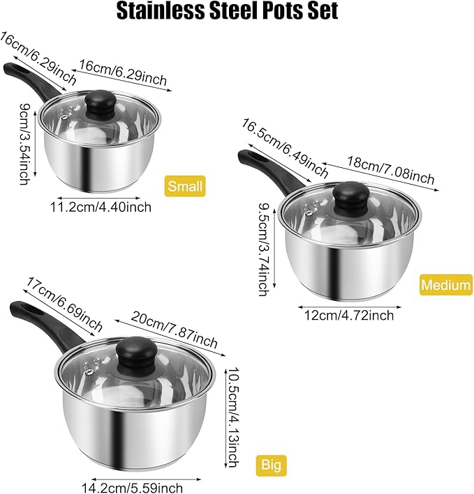 3pcs Stainless Steel Saucepan Set, Kitchen 1QT & 2QT & 3QT Pot Set with Lid Triply Base Sauce Pot for Cooking Stainless Steel Cookware Set