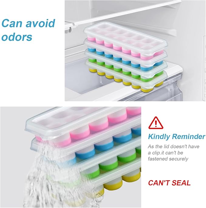 Ice Cube Tray with Lid, Easy-Release, Flexible, Ice Cube Tray, Spill-Resistant, for Freezer, Cocktail, Drinks, Coffee, 2 Pack 28 Pcs, Pink, 1.1x2.8x7.2 in