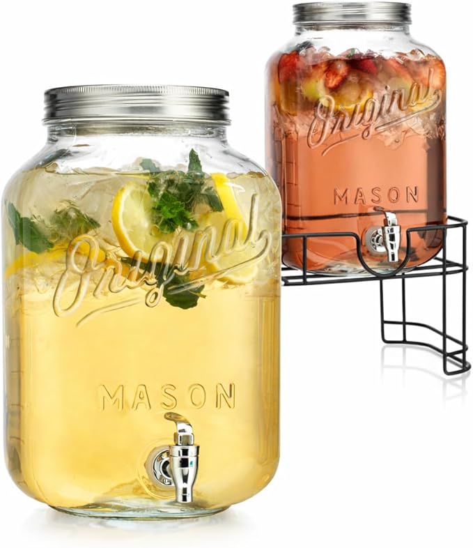 MosJos 2 GALLON Glass Drink Dispensers for Parties, 2 Pack Mason Jar Beverage Dispensers with Metal Stand, Glass Water Dispenser with Spigot, Laundry Detergent Dispenser