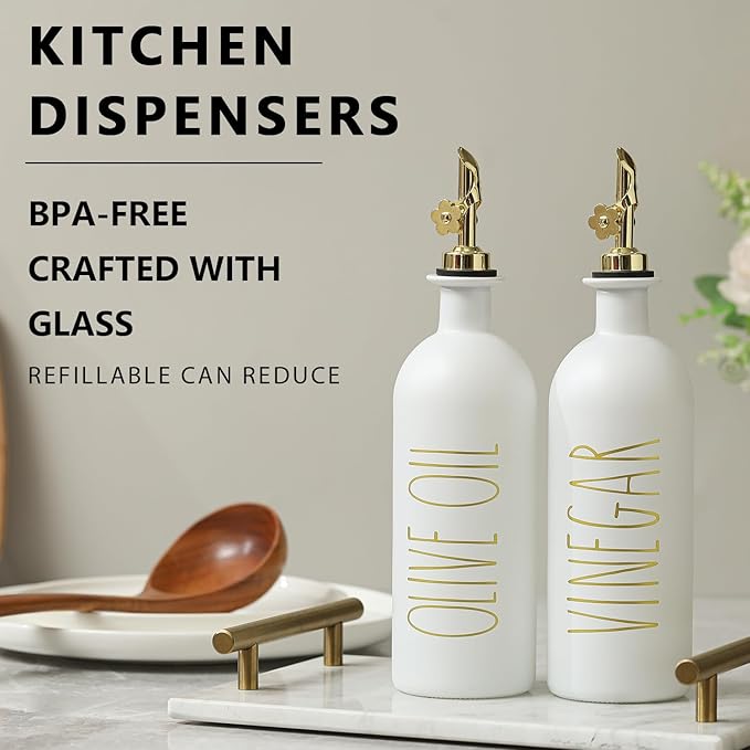 HOMCDALY 16oz Olive Oil Dispenser Bottles for Kitchen, Gold Oil&Vinegar Dispenser Set, Glass Oil Dispenser for Kitchen with Bamboo Tray | Set of 2 (16oz-P-Gold)
