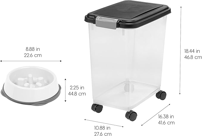 IRIS USA Airtight Dog Food Storage Container with 2-Cup Scoop and Slow Feeder Bowl Combo, Up to 30 lbs Pet Food Bin with Attachable Wheels, Anti-Slip Short Snouted Bowl, Easy to Clean, BPA Free, Black
