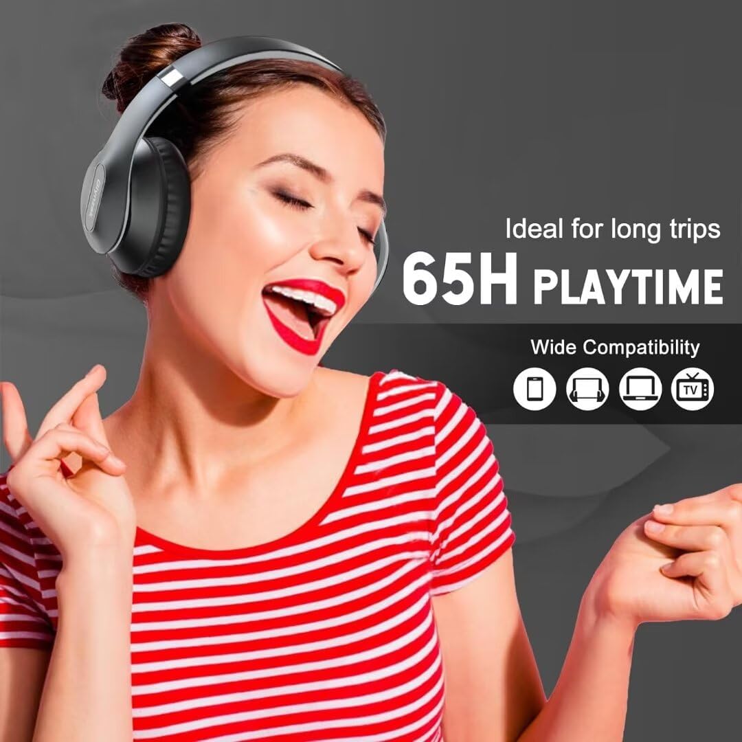 Wireless Bluetooth Headphones Over Ear, 65H Playtime HiFi Stereo Headset with Microphone and 6EQ Modes Foldable V5.3 Bluetooth Wireless Headphones for Travel Computer Laptop