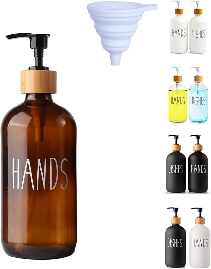 LOOCHICA Hand Amber Glass Soap Dispenser with Pump, Amber Hand Soap Dispenser, Refillable Reusable Apothecary Soap Pump Dispenser Bottles for Bathroom and Kitchen Use