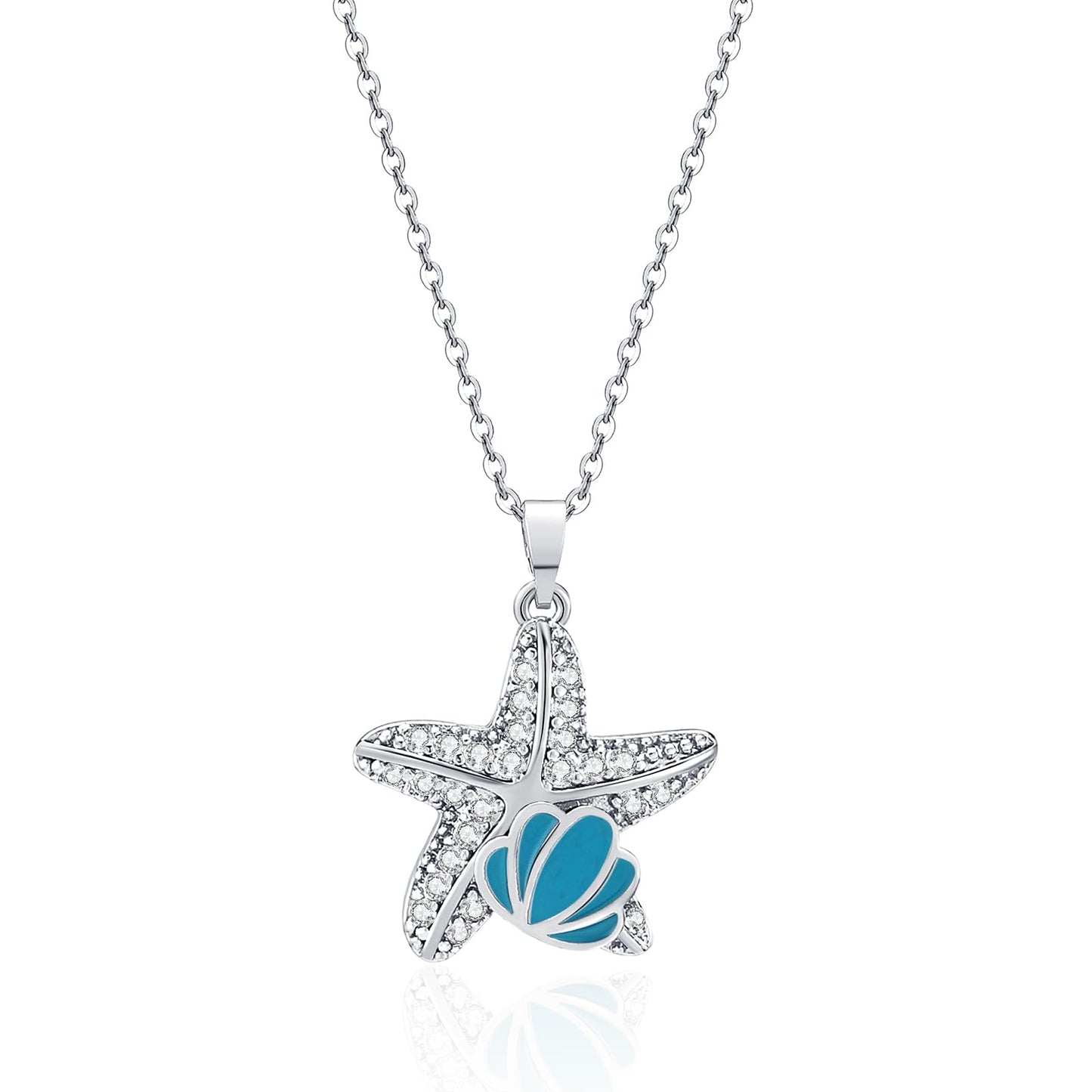 crataly CZ Starfish Necklace For Women-Silver Plated Ocean Blue Enamel Seashell Necklace For Valentines Day Mother's Day Christmas Birthday Gifts