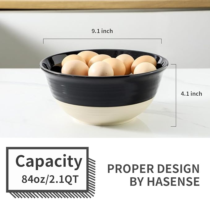 HASENSE Large Ceramic Serving Bowls Set of 2, 84 Oz 9 Inch Black & Beige Stoneware Mixing Bowls, Farmhouse Bowls for Salad, Soup, Popcorn & Baking, Dishwasher & Microwave Safe