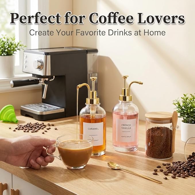 Coffee Bar Accessories, Coffee Syrup Dispenser-2 Pcs16.9 oz, Syrup Pump Dispenser for Coffee Bar, with Glass Bamboo Lid Jar with Spoon, Gold Pump Syrup Dispenser with Labels