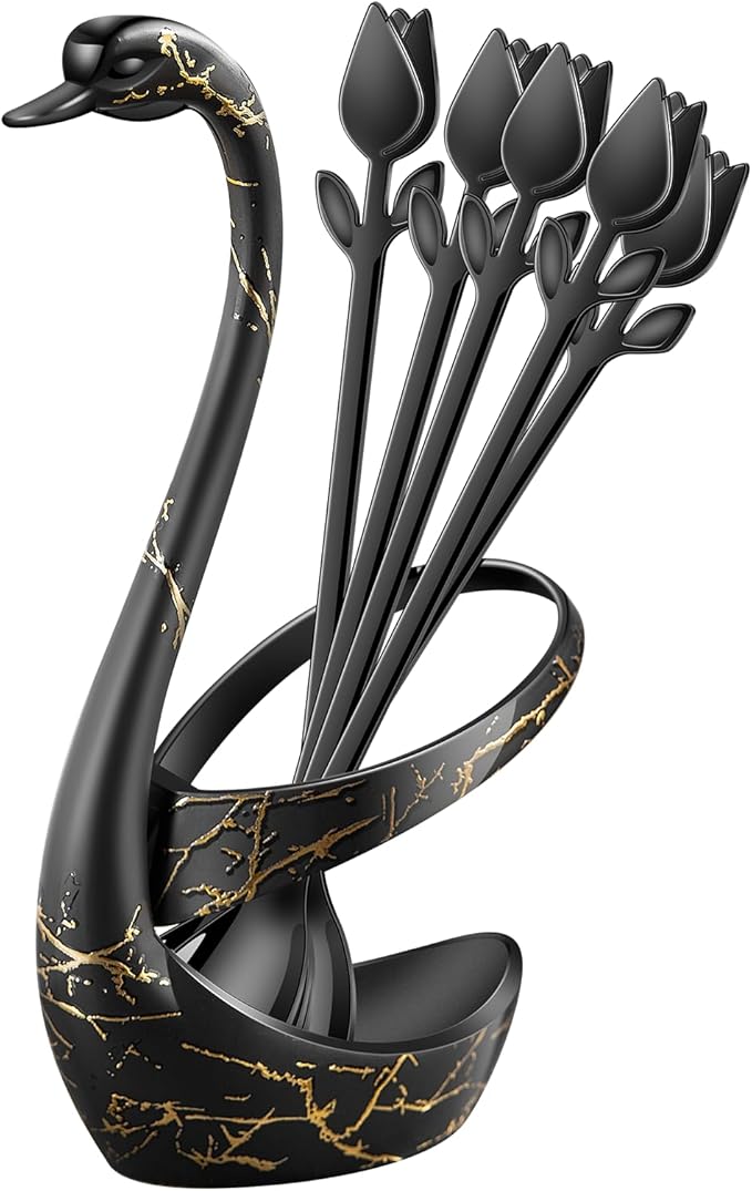 Black Small Coffee Spoon Holder Set,Swan Base With 12 Pcs Demitasse Espresso Spoons Set,6" Mini Tulip/Rose Dessert Spoon,Stainless Steel Tea Spoons