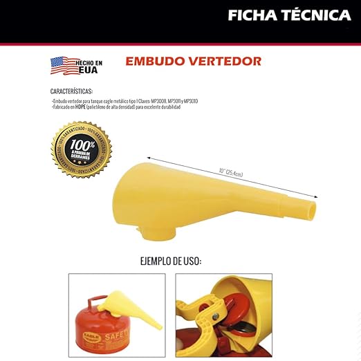 Eagle Plastic Funnel for Type I Metal Safety Cans, 5"x 7"x 12", Made of Chemically Resistant High-Density Polyethylene, Yellow, Made in the USA, F15FUN (Pack of 2)