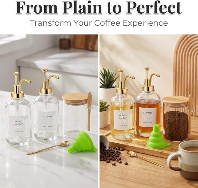 Coffee Bar Accessories, Coffee Syrup Dispenser-2 Pcs16.9 oz, Syrup Pump Dispenser for Coffee Bar, with Glass Bamboo Lid Jar with Spoon, Gold Pump Syrup Dispenser with Labels