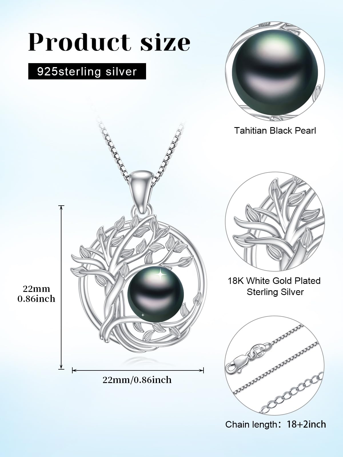KANNSOAR 9MM Tahitian Black Pearl Tree of Life Pendant Necklace Pearl Jewelry-Wedding Birthday Anniversary Valentines Day Christmas Mothers Day Gifts for Women Wife Mom Girlfriend Her