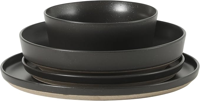 Gibson Elite Overbrook 16-Piece Pottery Clay Stoneware Dinnerware Set – Black Reactive Glaze, Stackable Plates and Bowls W/Pasta Bowl, Service for 4 – Microwave & Dishwasher Safe