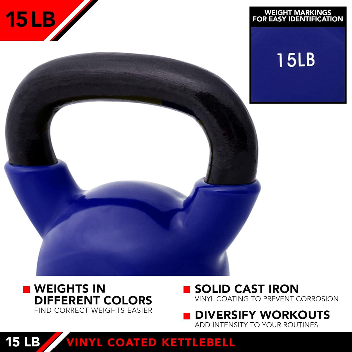 JFIT Kettlebell Weights Vinyl Coated Iron - 12 Size Options, 5lbs-50lbs - Coated for Floor and Equipment Protection, Noise Reduction, Ballistic, Core, Weight Training